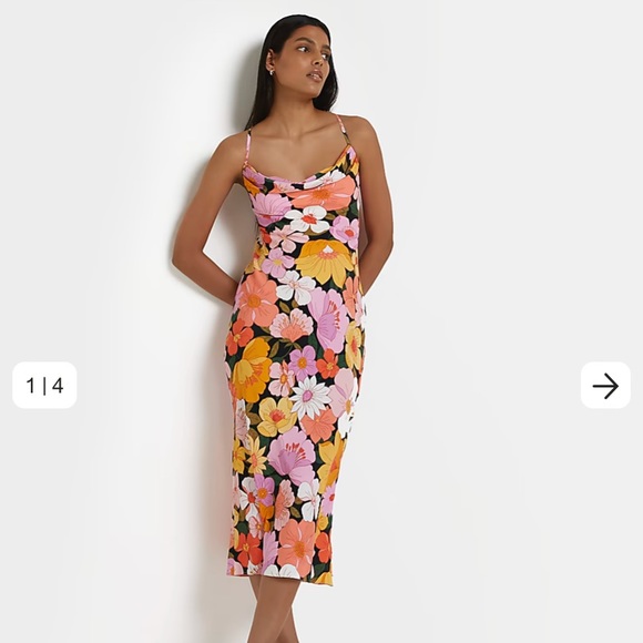 River Island Dresses & Skirts - River Island Floral Satin Midi Dress Tie Back